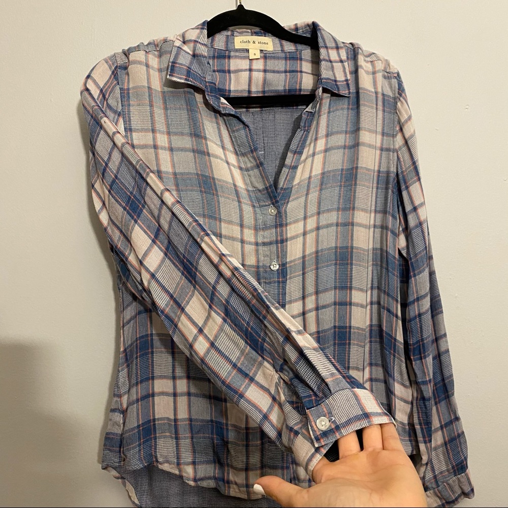 Cloth & Stone Blue & Coral Plaid Button Up Top